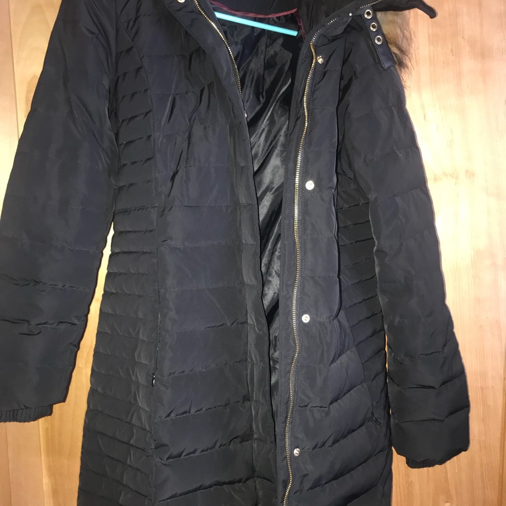 Black long puffer coat with faux fur hood